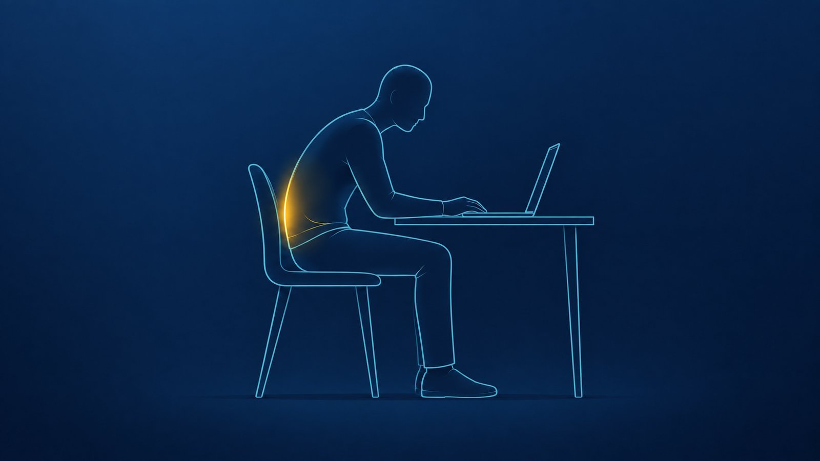 Illustration of a person sitting slouched at a desk with their lower back highlighted, representing back pain from prolonged sitting