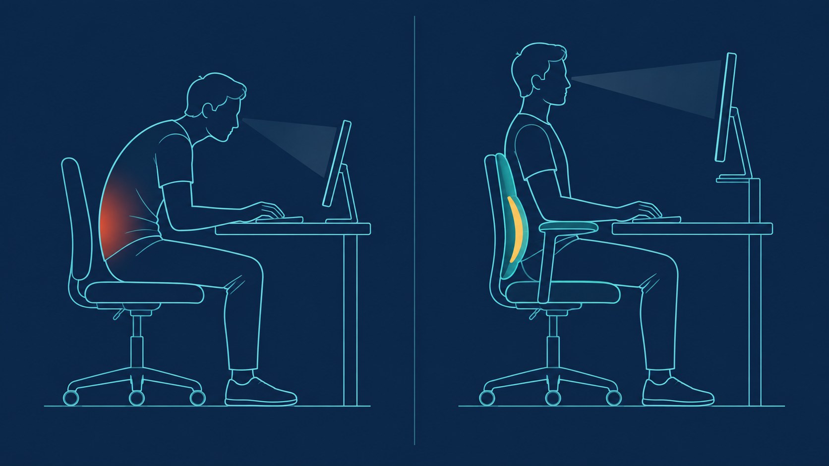 Comparison of poor slouched sitting posture versus supported upright posture at a desk