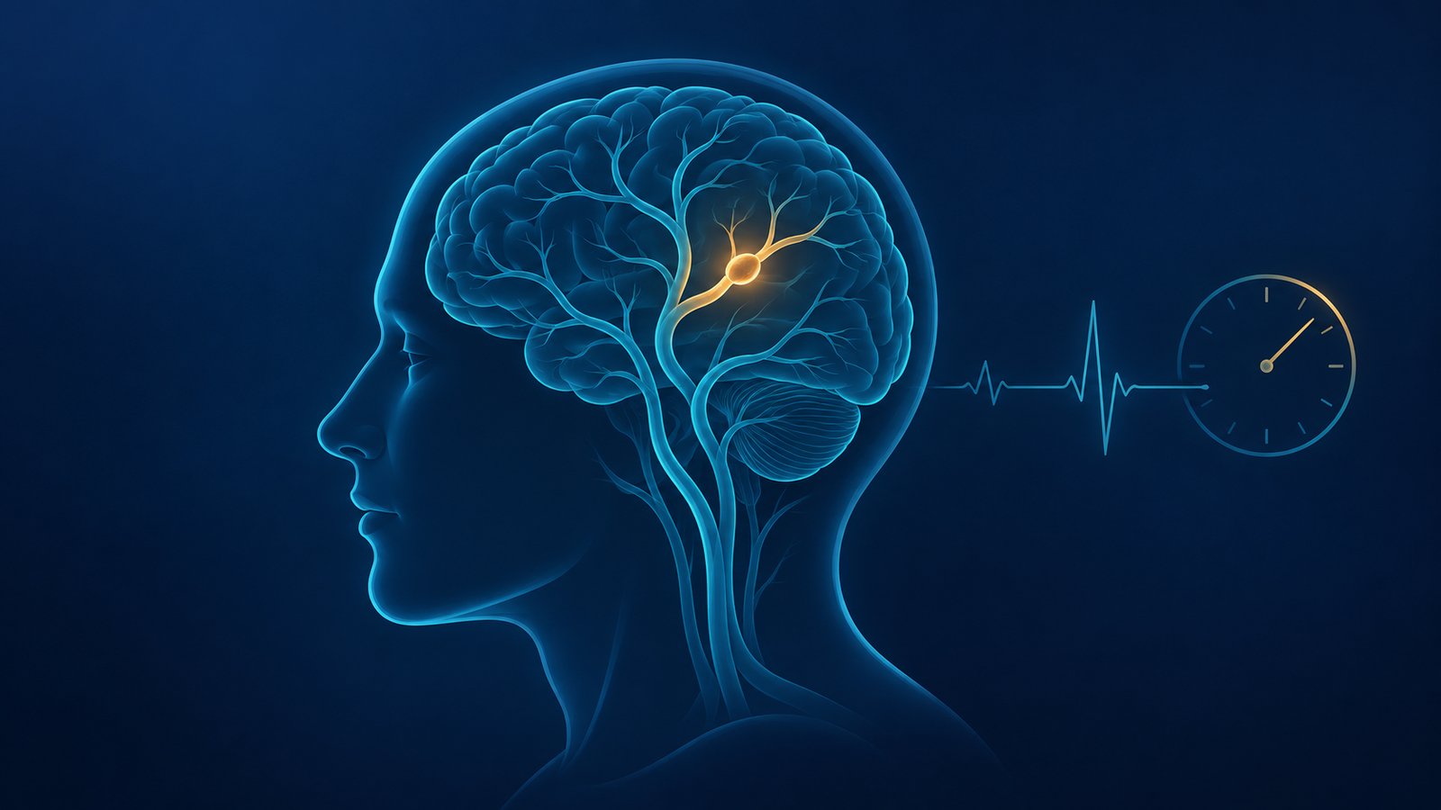 Illustration of a brain with a highlighted affected area, a pulse line, and a clock, representing the urgency of stroke response
